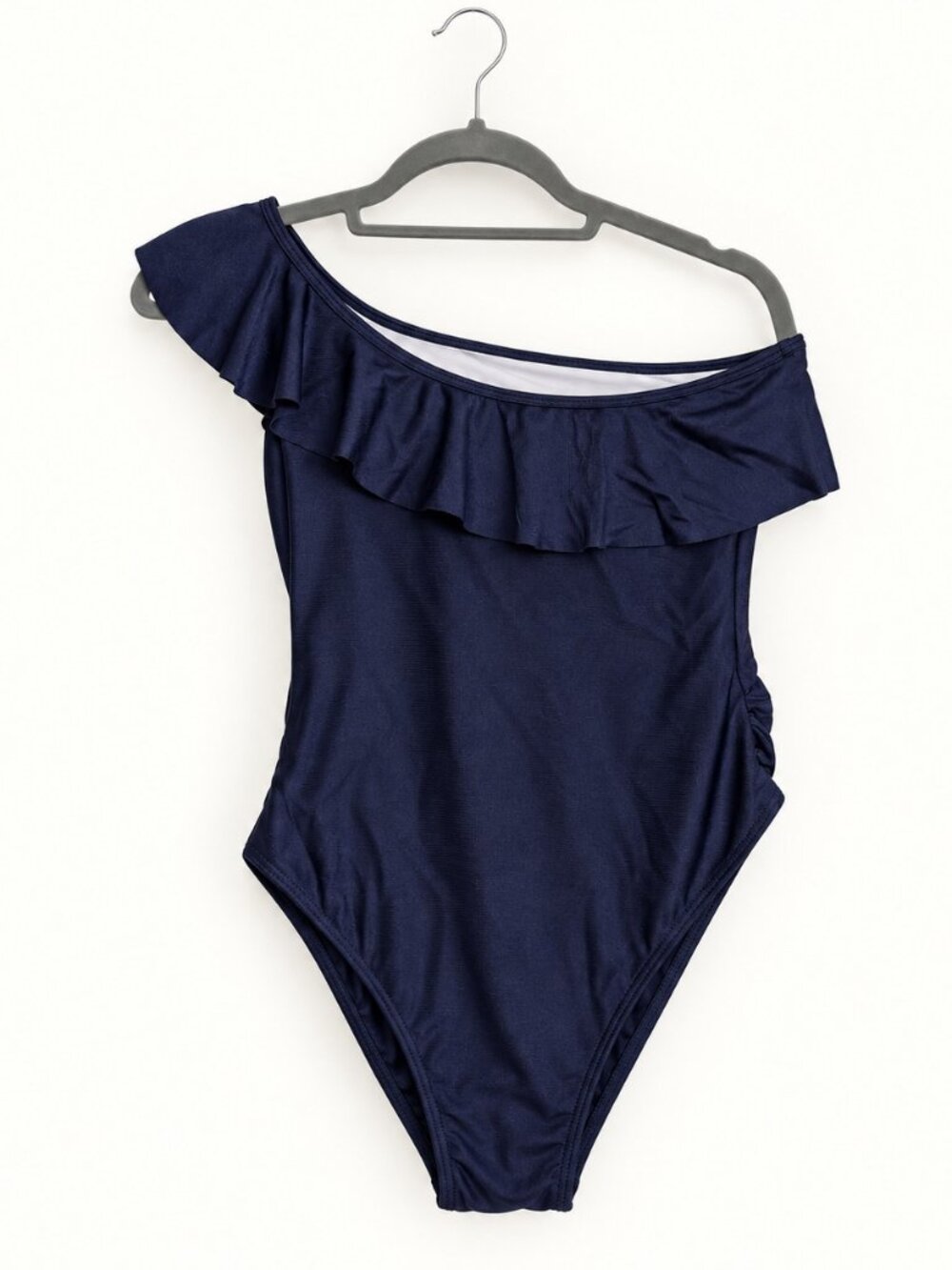 CUPSHE Navy One-Shoulder Ruffle Ruched One-Piece Swimsuit Size M
